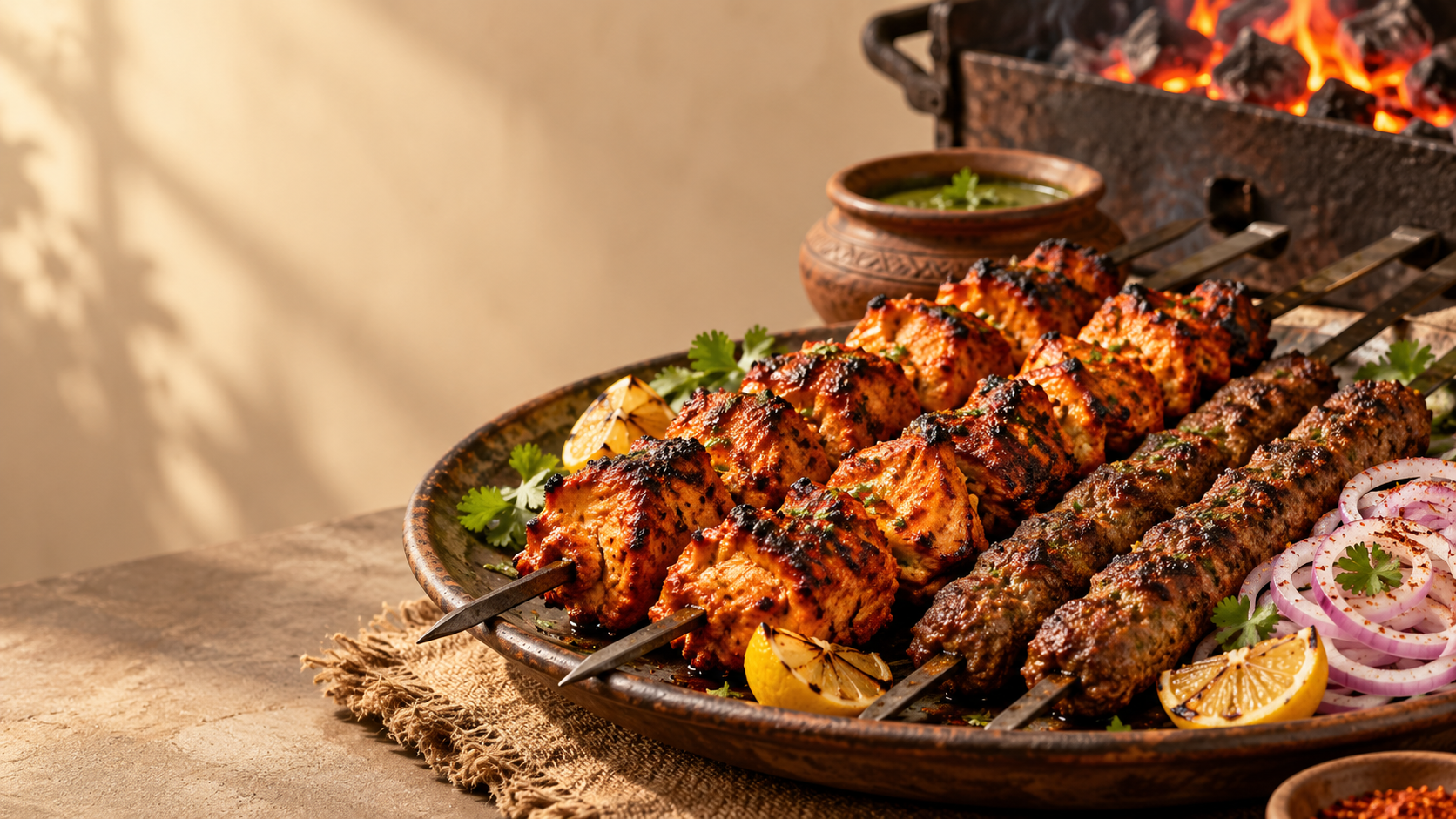 Illustrative platter of char-grilled kabab skewers with lemon and onion