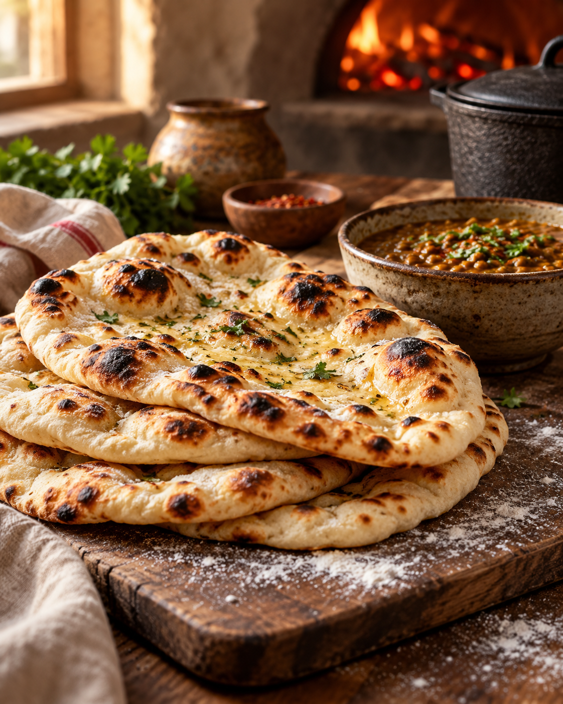 Illustrative stack of blistered naan breads beside lentils